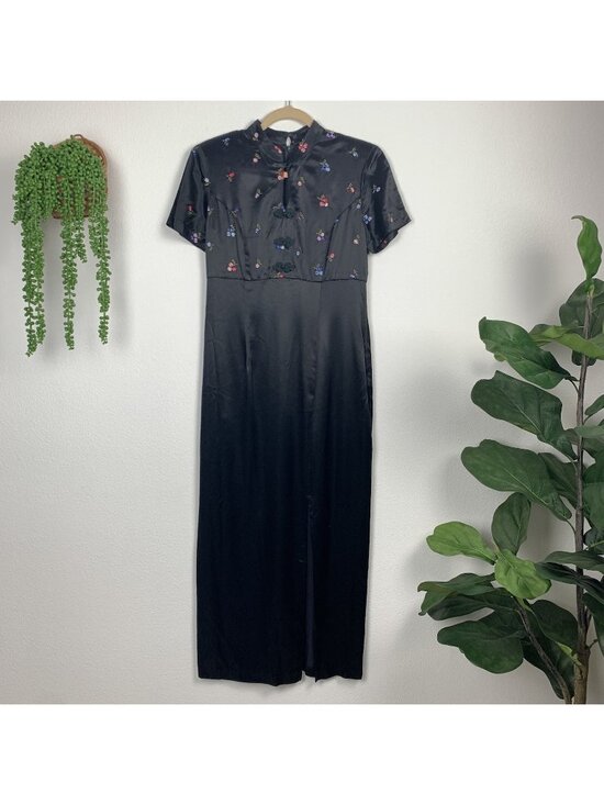 CDC Dresses & Skirts - ✨3/$30 VTG Women's 8 CDC Mandarin Collar Black Satin Maxi Dress Asian Floral AGB